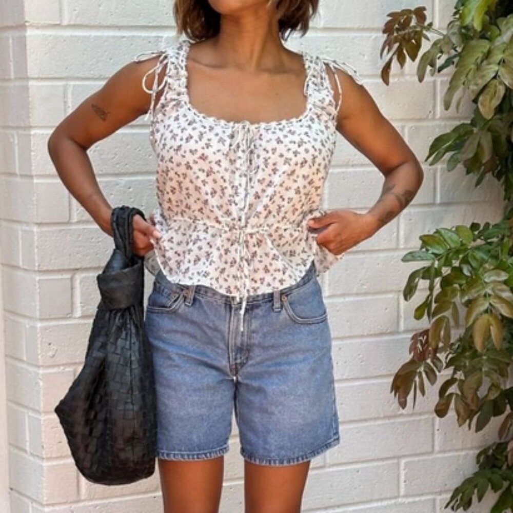 Rumored Cream Floral Ruffle Tie-Front Tank Top